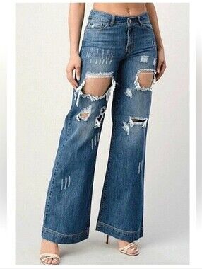 LITZ by Uniq Rocker Distressed Wide Leg Boyfriend Jeans Size 25